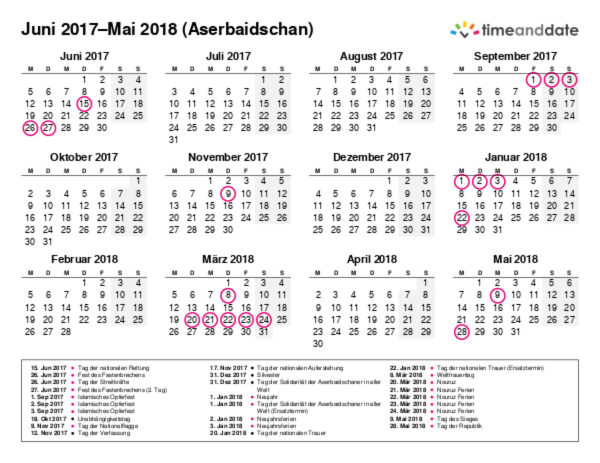 Kalender für 2017 in Aserbaidschan