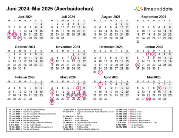 Kalender für 2024 in Aserbaidschan