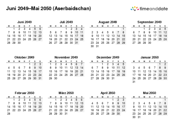 Kalender für 2049 in Aserbaidschan