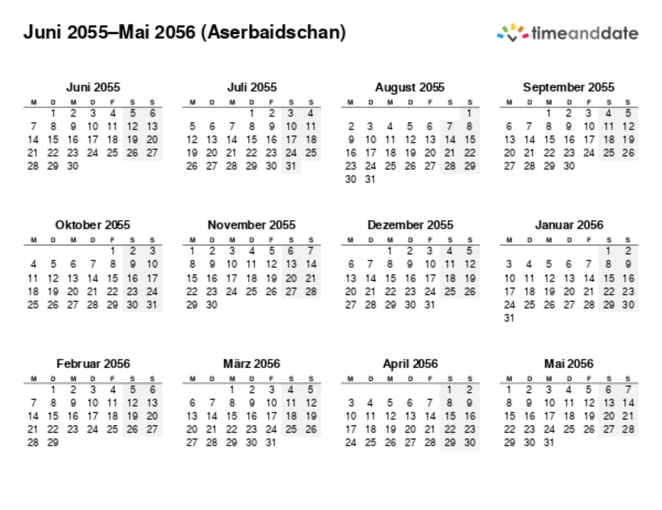 Kalender für 2055 in Aserbaidschan