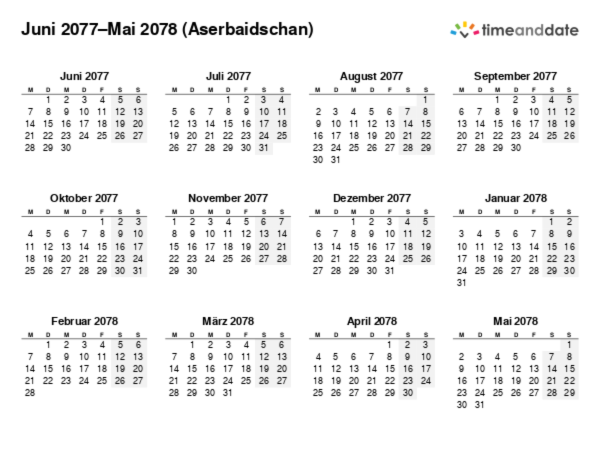 Kalender für 2077 in Aserbaidschan