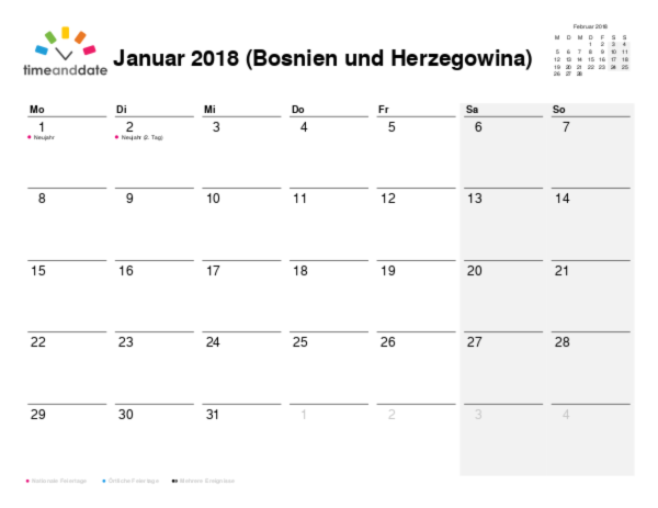Kalender für 2018 in Bosnien und Herzegowina