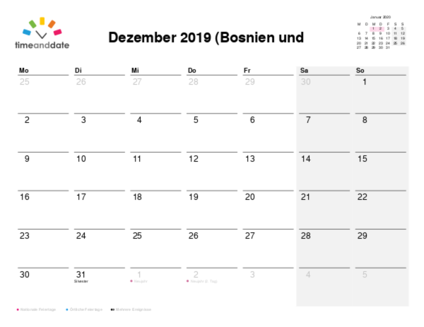 Kalender für 2019 in Bosnien und Herzegowina