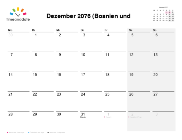 Kalender für 2076 in Bosnien und Herzegowina