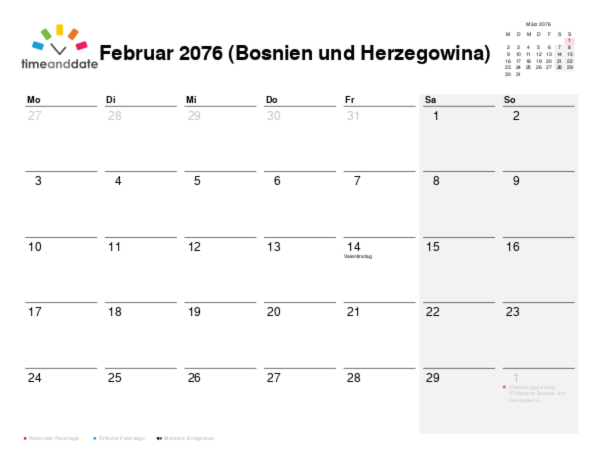 Kalender für 2076 in Bosnien und Herzegowina