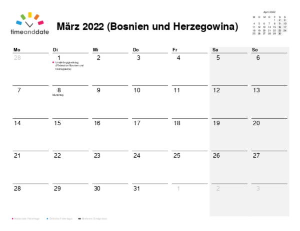 Kalender für 2022 in Bosnien und Herzegowina
