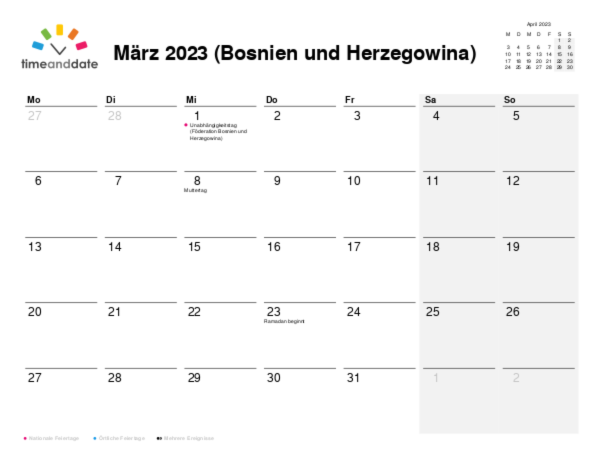 Kalender für 2023 in Bosnien und Herzegowina