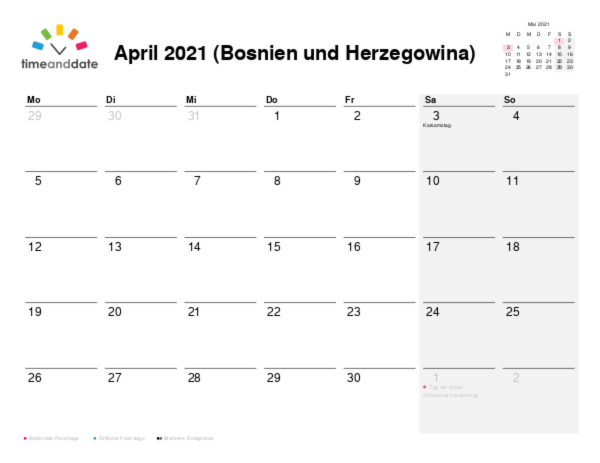 Kalender für 2021 in Bosnien und Herzegowina