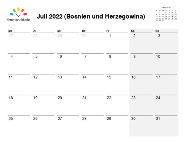 Kalender für 2022 in Bosnien und Herzegowina