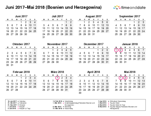 Kalender für 2017 in Bosnien und Herzegowina
