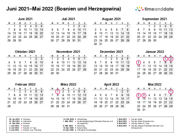 Kalender für 2021 in Bosnien und Herzegowina