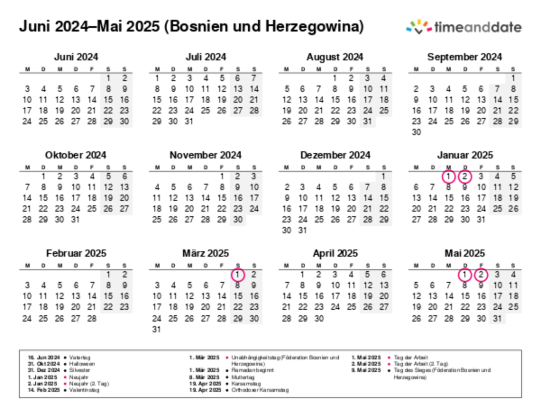 Kalender für 2024 in Bosnien und Herzegowina