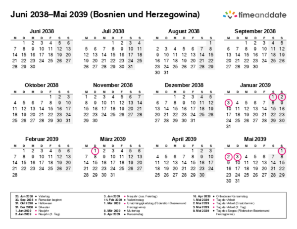 Kalender für 2038 in Bosnien und Herzegowina