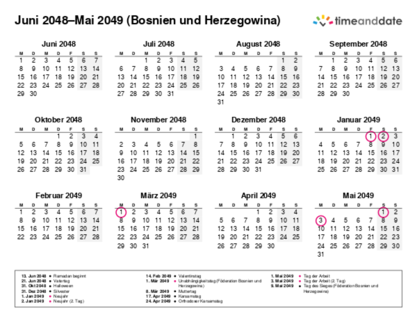 Kalender für 2048 in Bosnien und Herzegowina