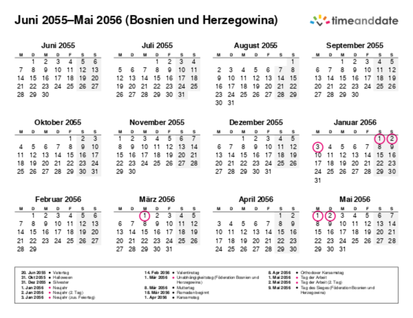 Kalender für 2055 in Bosnien und Herzegowina