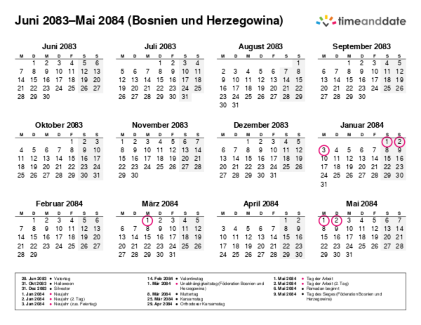 Kalender für 2083 in Bosnien und Herzegowina