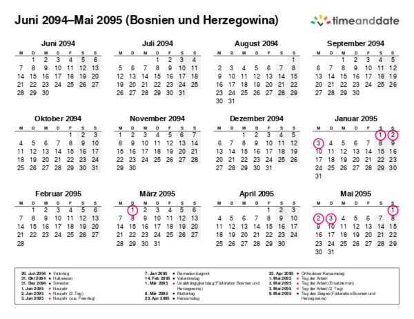 Kalender für 2094 in Bosnien und Herzegowina