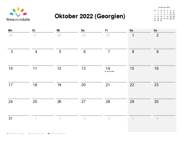 Kalender für 2022 in Georgien