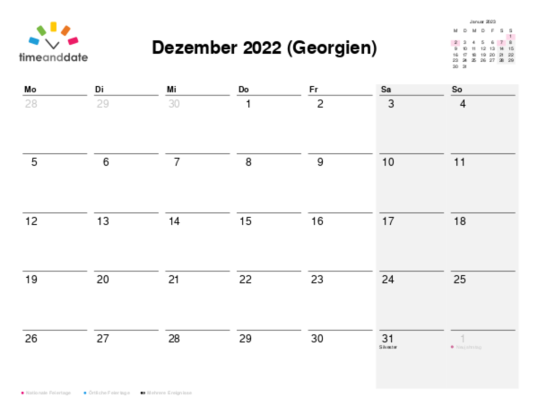 Kalender für 2022 in Georgien