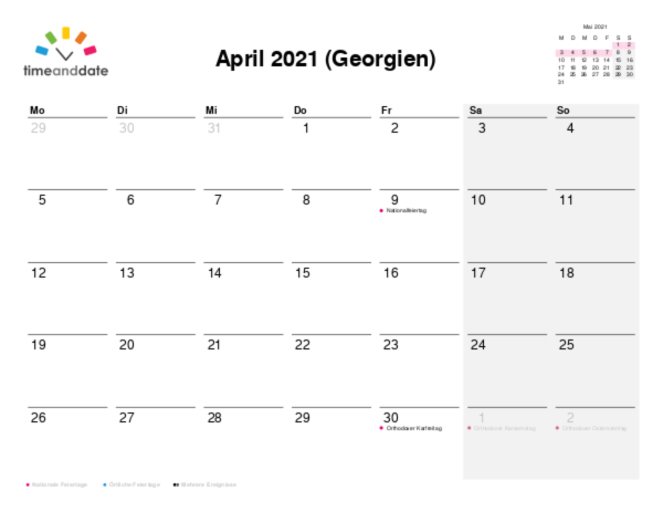 Kalender für 2021 in Georgien
