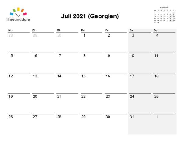 Kalender für 2021 in Georgien