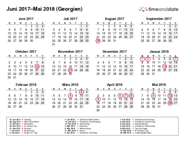 Kalender für 2017 in Georgien