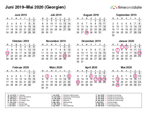 Kalender für 2019 in Georgien