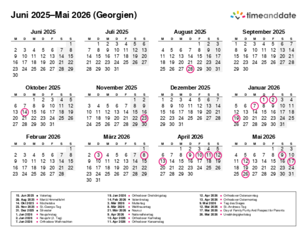 Kalender für 2025 in Georgien