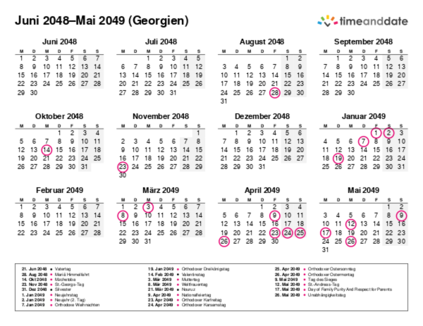 Kalender für 2048 in Georgien