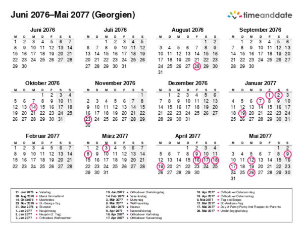 Kalender für 2076 in Georgien