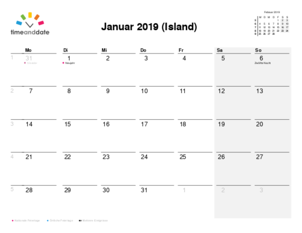 Kalender für 2019 in Island