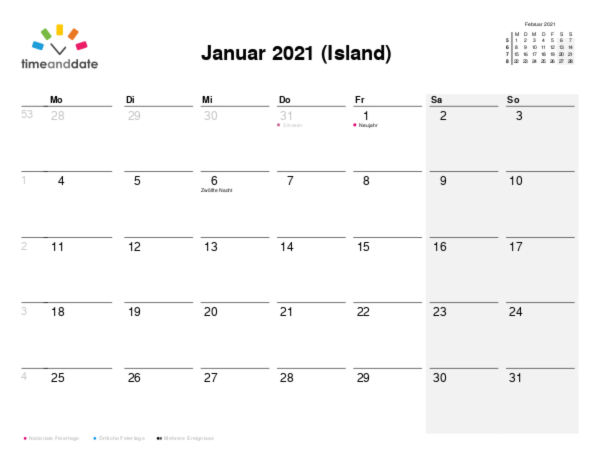 Kalender für 2021 in Island