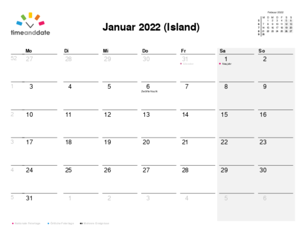 Kalender für 2022 in Island