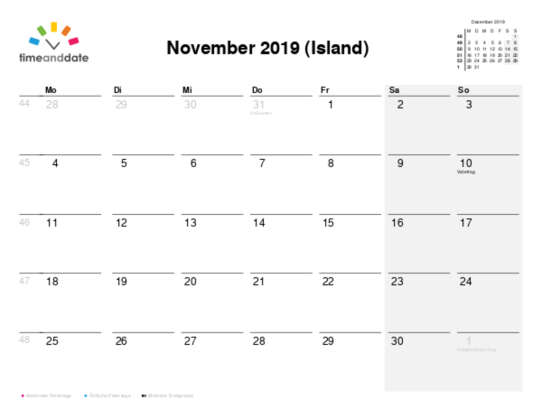 Kalender für 2019 in Island