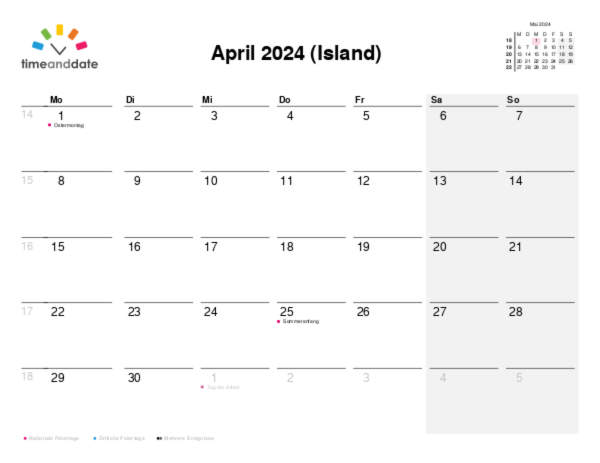 Kalender für 2024 in Island