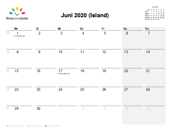 Kalender für 2020 in Island