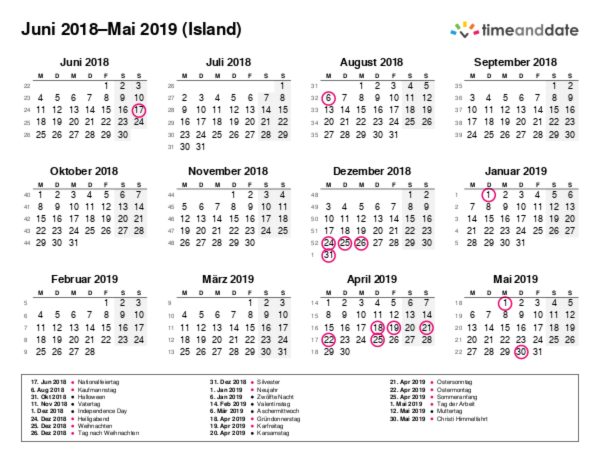Kalender für 2018 in Island