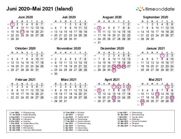 Kalender für 2020 in Island