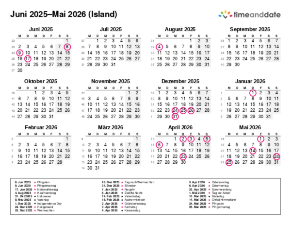 Kalender für 2025 in Island