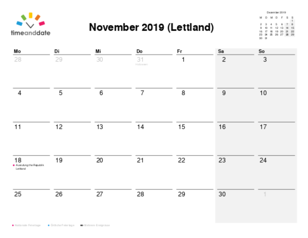 Kalender für 2019 in Lettland