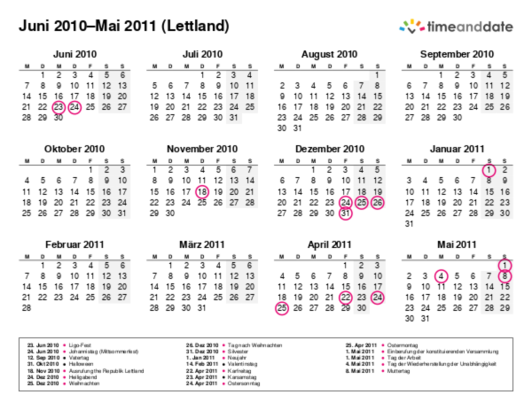 Kalender für 2010 in Lettland