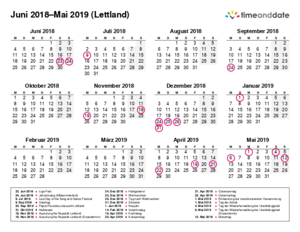 Kalender für 2018 in Lettland