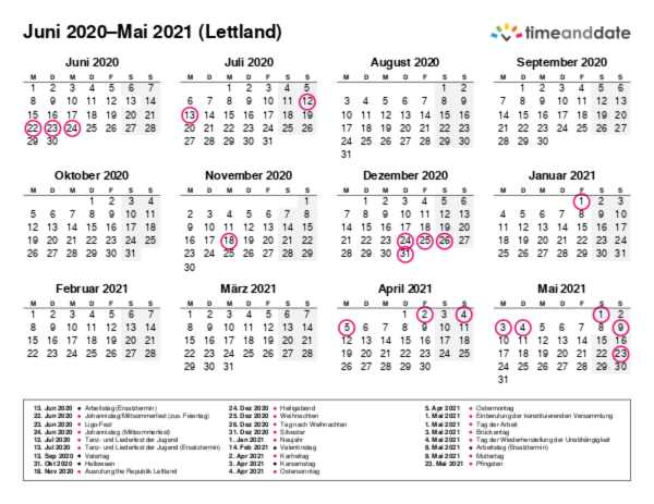 Kalender für 2020 in Lettland