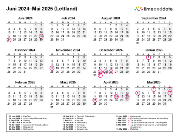 Kalender für 2024 in Lettland