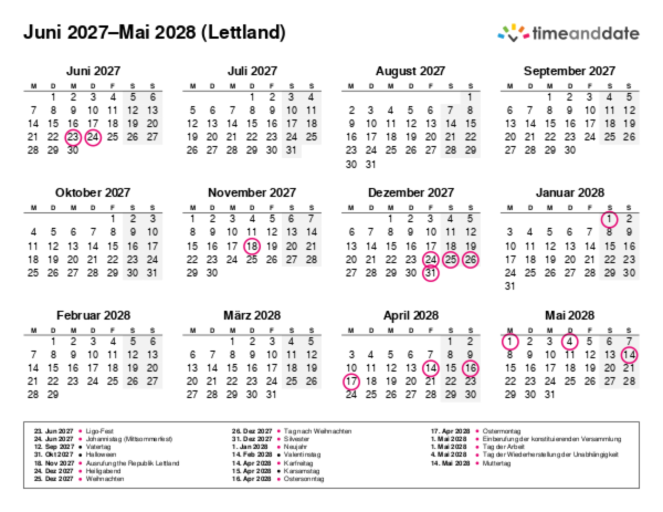Kalender für 2027 in Lettland