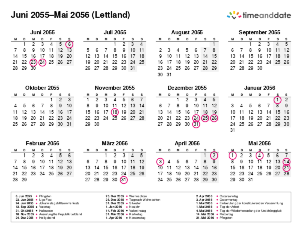 Kalender für 2055 in Lettland