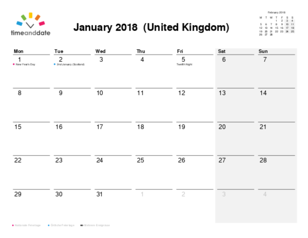 Kalender für 2018 in Großbritannien