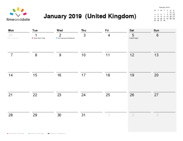 Kalender für 2019 in Großbritannien