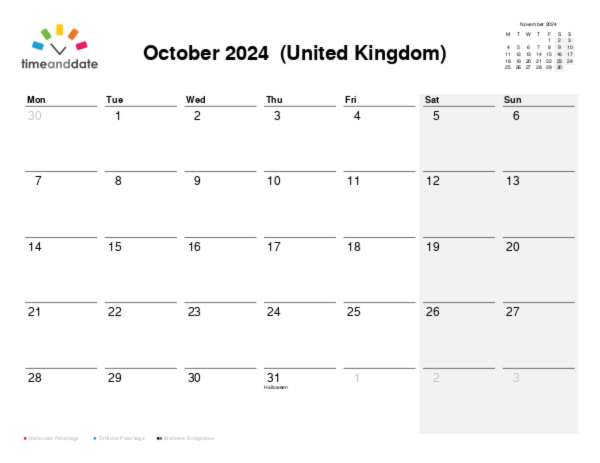 Kalender für 2024 in Großbritannien