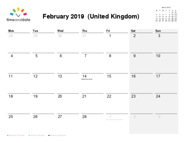 Kalender für 2019 in Großbritannien